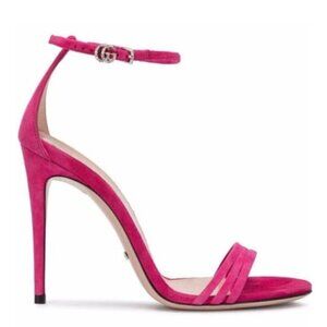 Gucci Suede Leather Crystal Logo Embellishments Sandals Heels Pink Sz 36.5 / 6.5